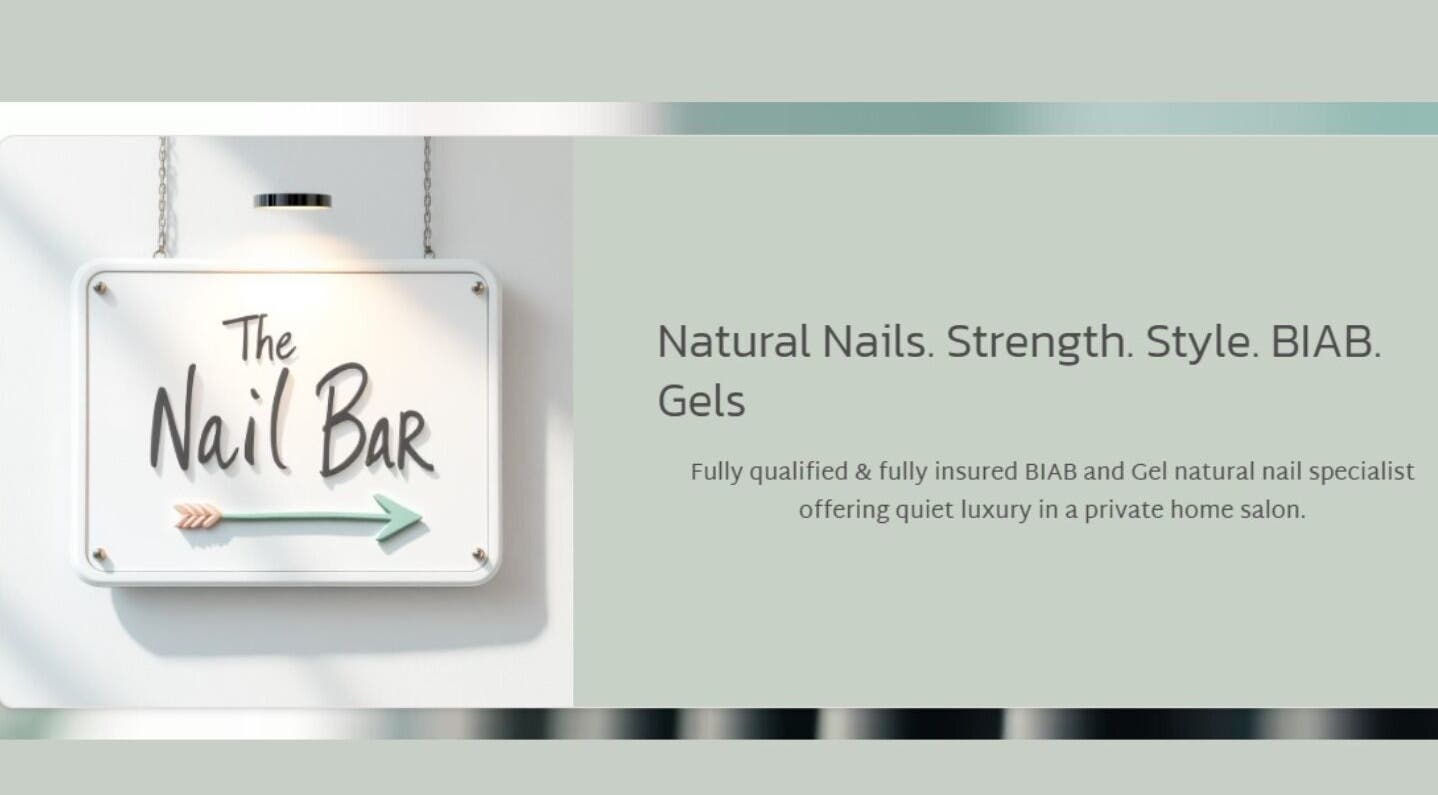 Stylish sign of The Nail Bar Eckington in Pershore, England, GB, highlighting natural nail services.