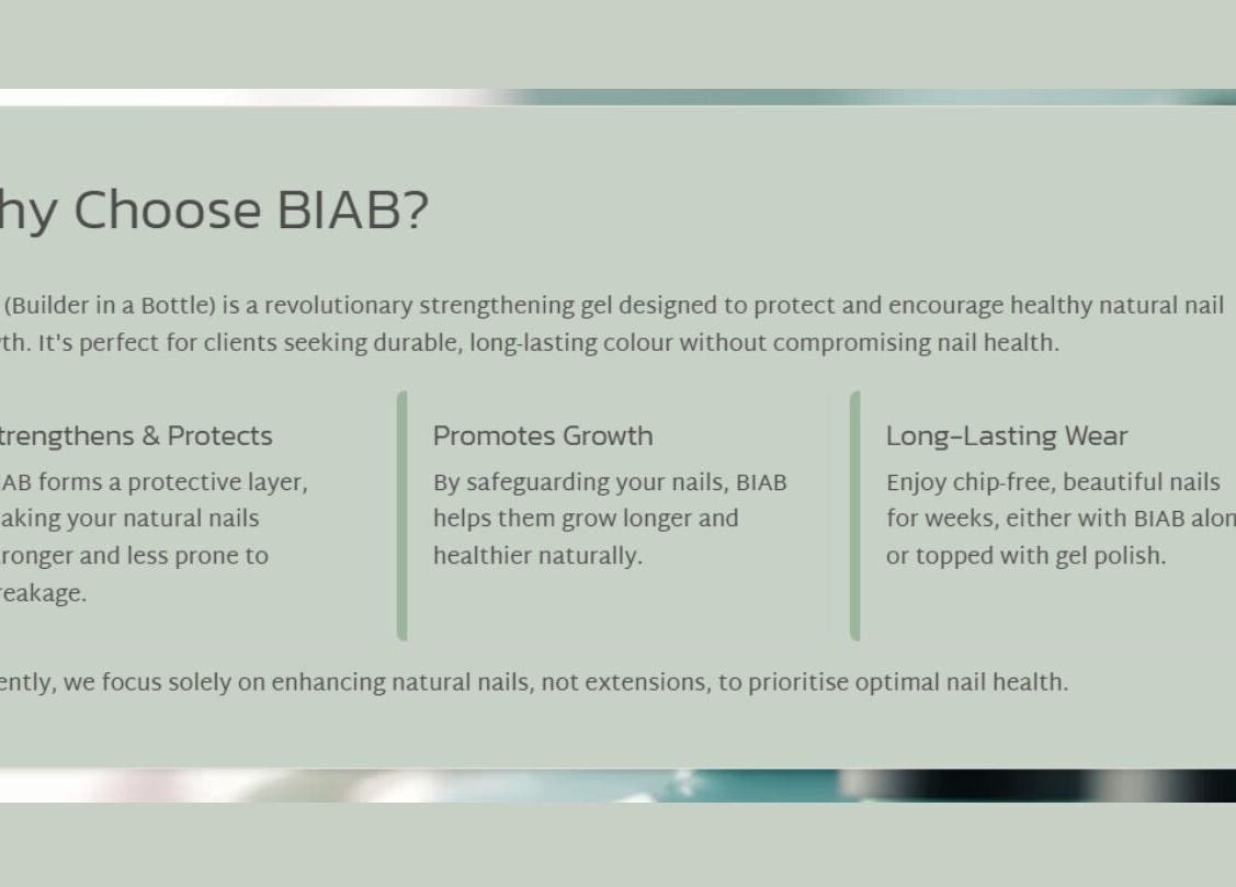 Discover BIAB benefits at The Nail Bar Eckington in Pershore, England, GB for strong, long-lasting nails.