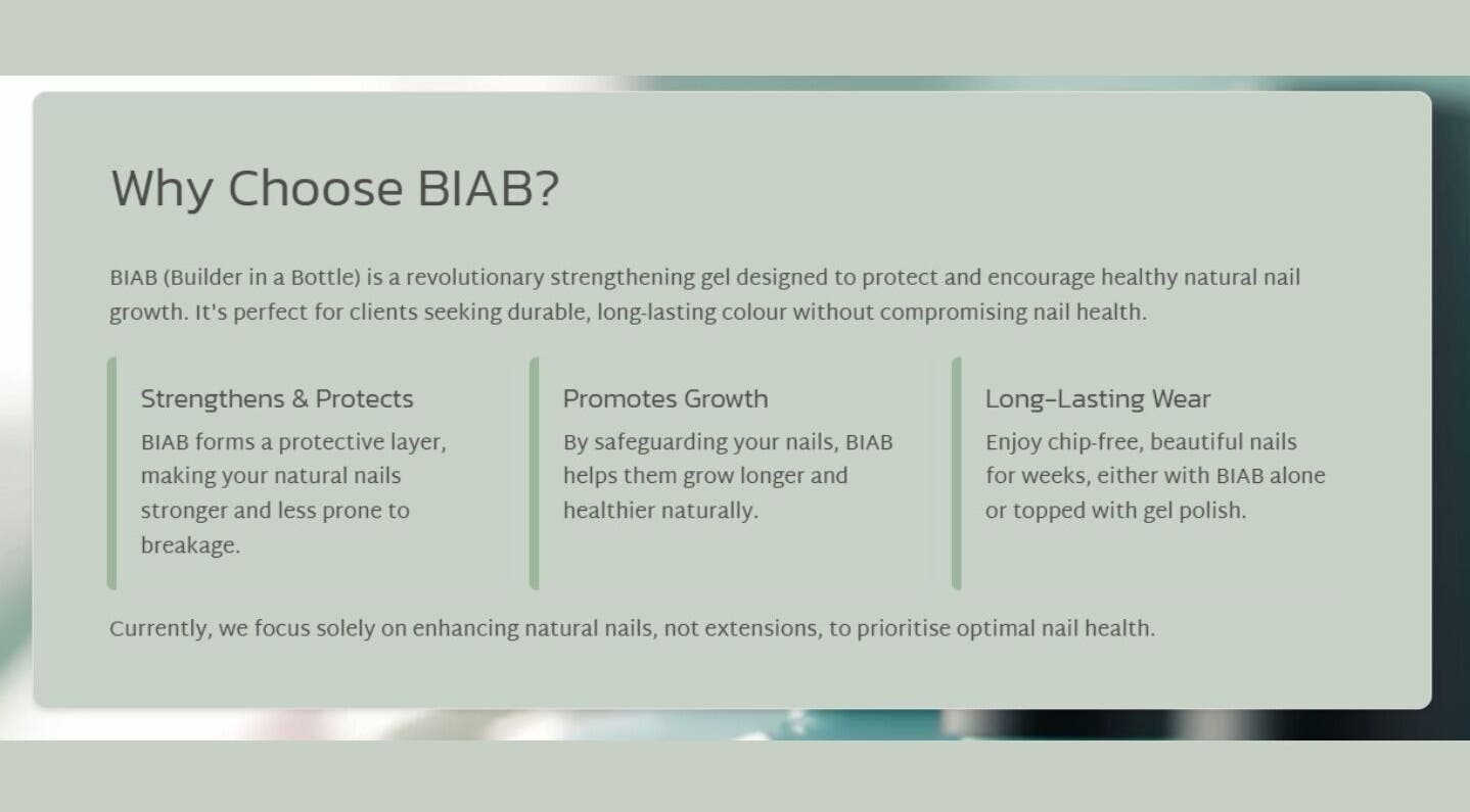 Discover BIAB benefits at The Nail Bar Eckington in Pershore, England, GB for strong, long-lasting nails.