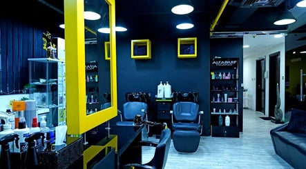 Modern hair salon interior at Sossi Beauty Center, Abu Dhabi, AE, featuring sleek chairs and vibrant decor.