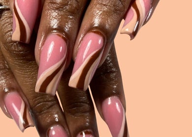 Elegant abstract nail art in pink and brown at Buffed246, Lancaster, Saint James, BB.