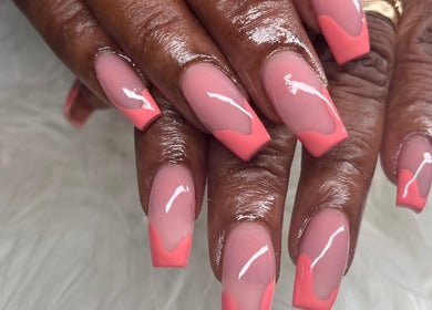 Coral nail art on polished hands at Buffed246, Lancaster, Saint James, BB.