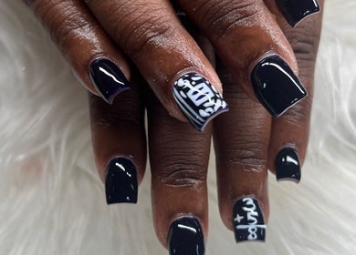 Elegant black nail art at Buffed246, Lancaster, Saint James, BB highlighting intricate design.