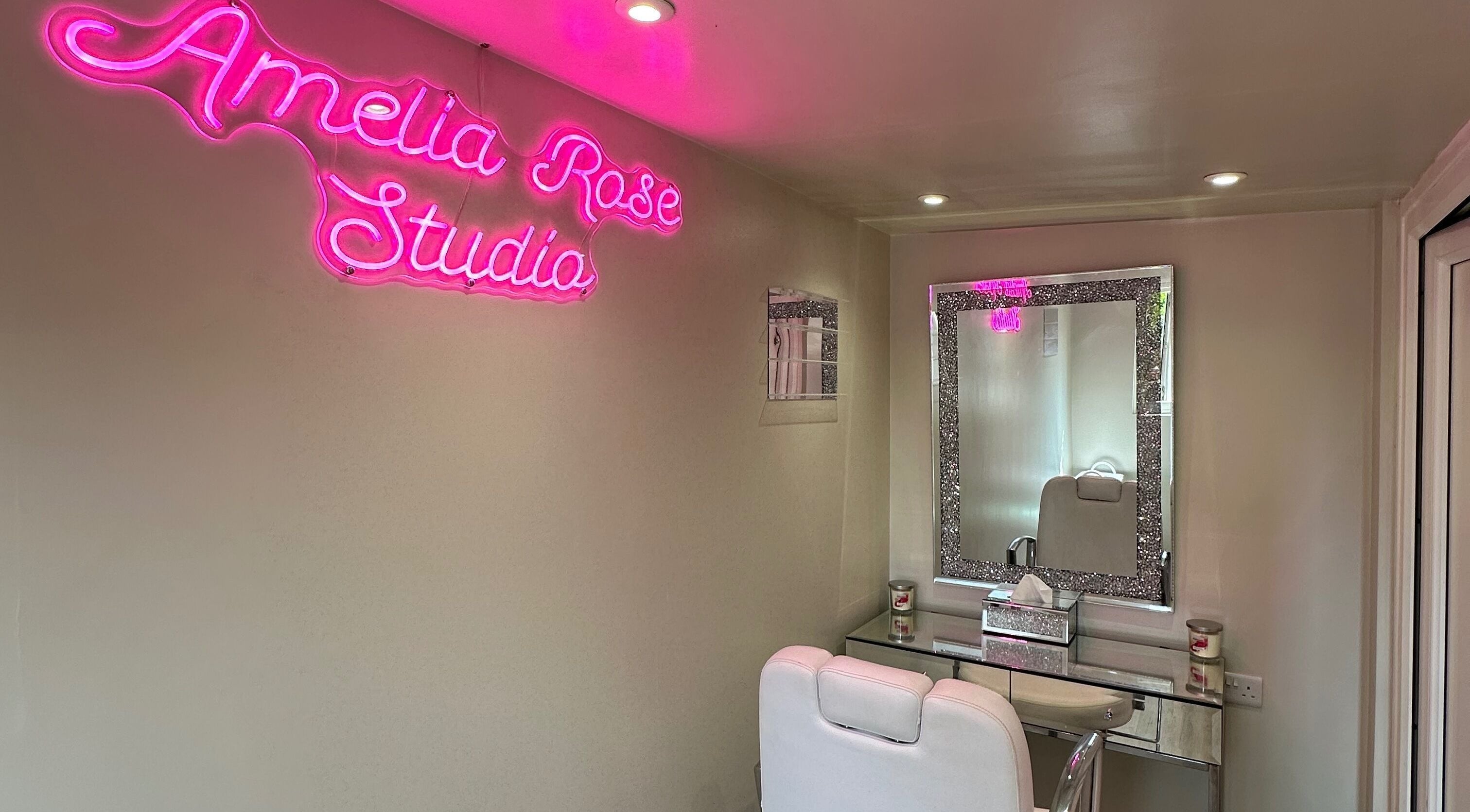 Elegant beauty station with neon sign at Amelia Rose Studio, Bracknell, England, GB.