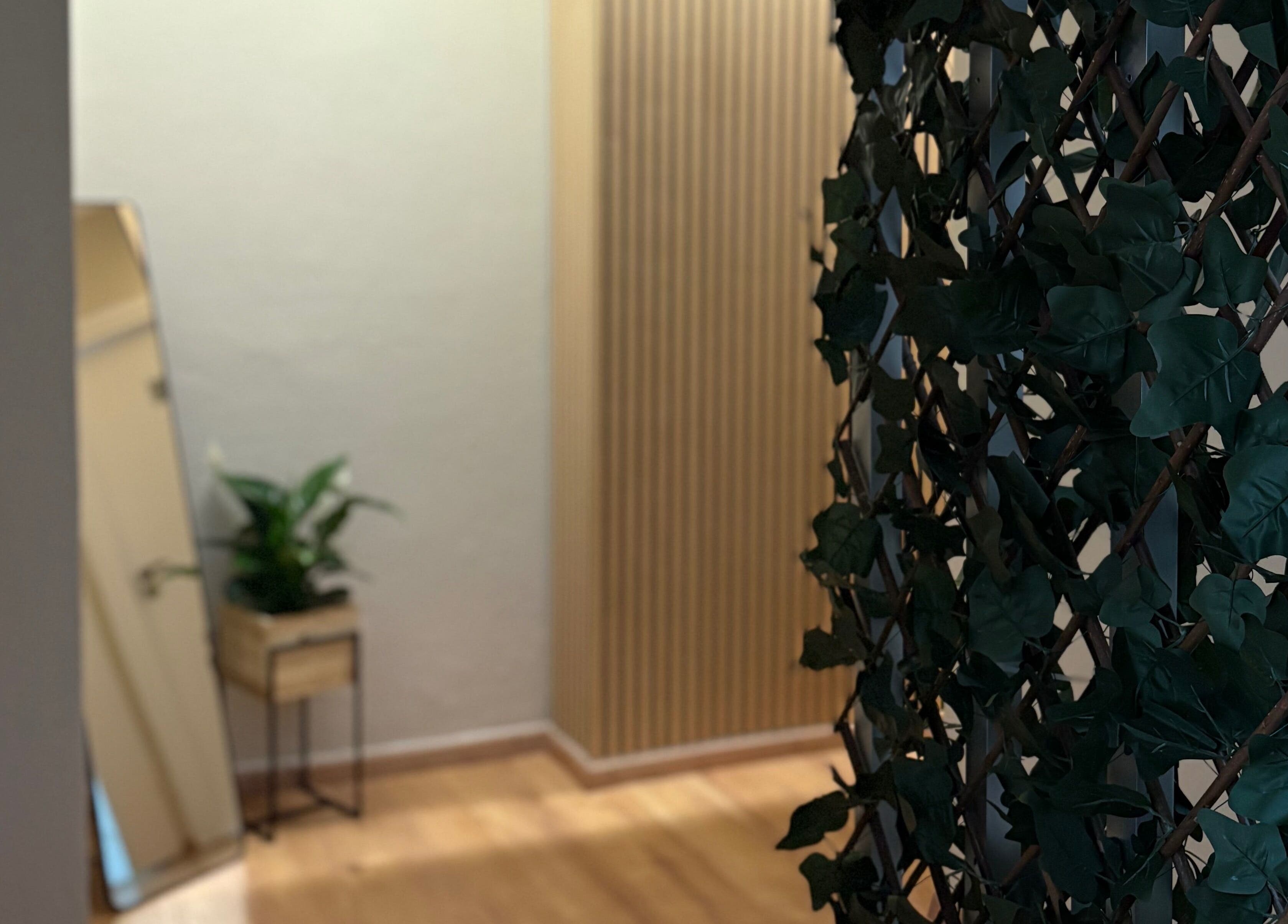 Γωνία χαλάρωσης στο Serenity Massage Experience, Λάρισα, GR με φυτικά κομψά στοιχεία.