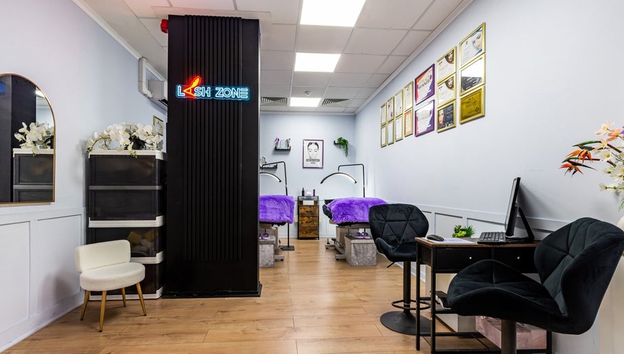 Tranquil Lash Zone London interior with treatment beds in London, England, GB.