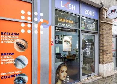Exterior of Lash Zone London at 787 Commercial Road, offering eyelash and brow services in London, England, GB.
