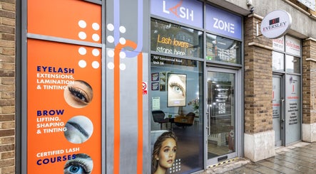Exterior of Lash Zone London at 787 Commercial Road, offering eyelash and brow services in London, England, GB.