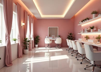 Elegant pink and white salon at GlanzNägel, Berlin, Berlin, DE with chic decor and natural light.