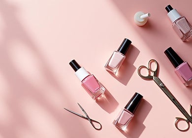 Nail polish and scissors on pink backdrop at GlanzNägel, Berlin, Berlin, DE. Perfect for beauty enthusiasts.
