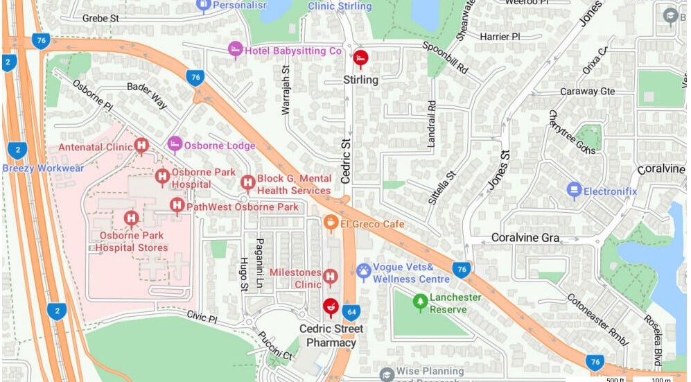 Map showing locations near áille hause, Stirling, Western Australia, AU.