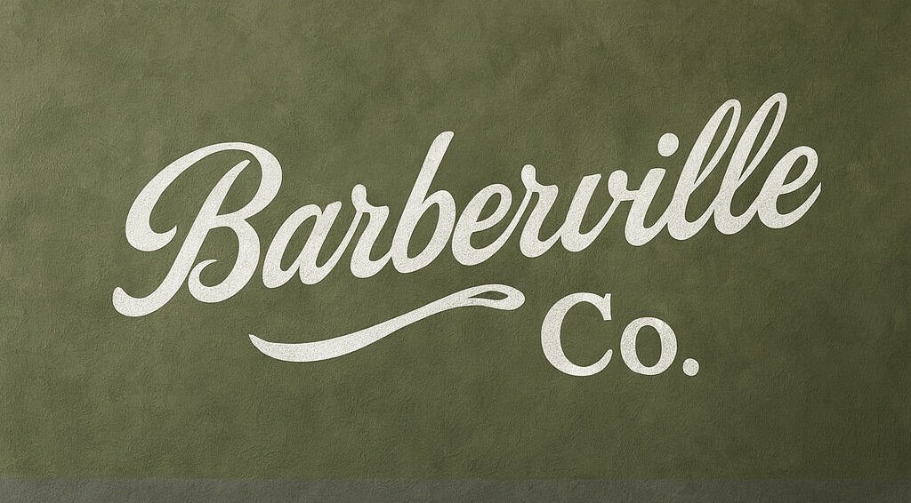 Elegant Barberville Co. sign, West Richmond, South Australia, AU, on textured green wall.