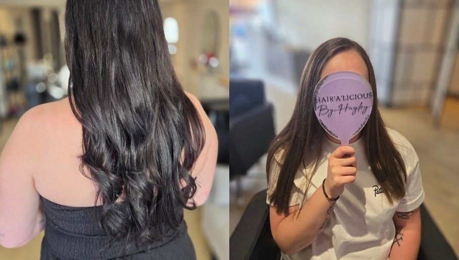 Stylish brunette hair transformation at Hairalicious, Maldon, England, GB, featuring sleek, shiny waves.