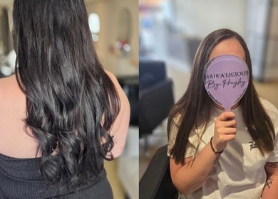 Stylish brunette hair transformation at Hairalicious, Maldon, England, GB, featuring sleek, shiny waves.
