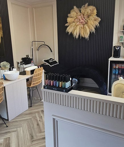 Elegant and cozy interior of Alana Fores Nails and Makeup in Shawforth, England, GB showcasing modern nail and makeup stations.