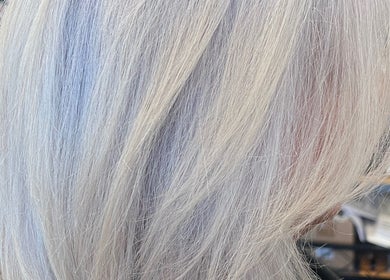 Elegant silvery hairstyle at Hair by Alisha -Pine Grove, Pine Grove, California, US.