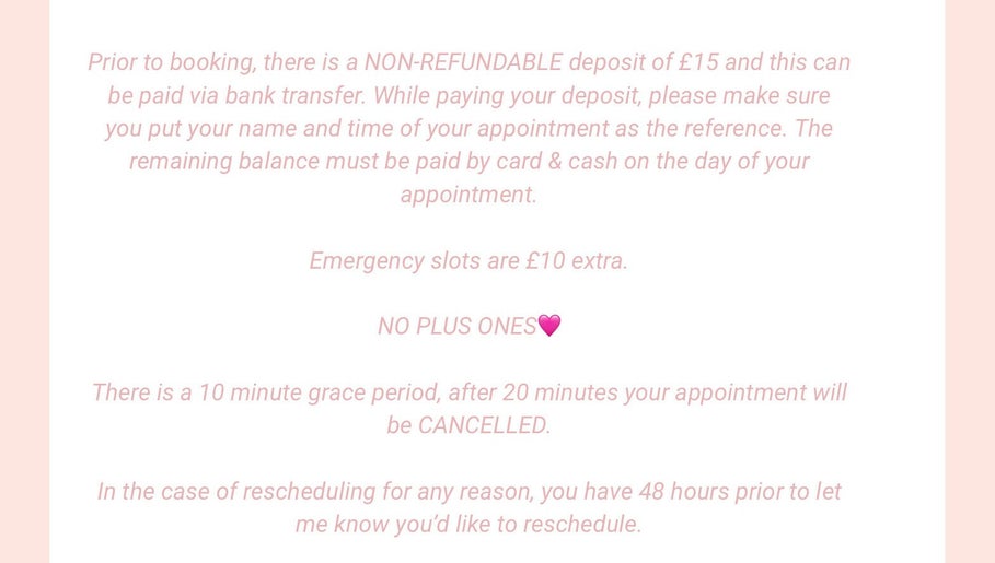 Leehairuk booking policy details in pink text, London, England, GB. Includes deposit and rescheduling info.