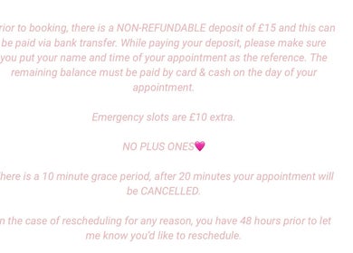 Non-refundable deposit details at leehairuk, London, England, GB. Emergency slots, cancellations, and rescheduling info.