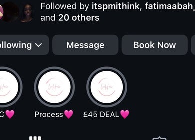 Instagram profile of leehairuk in London, England, GB with highlight icons for terms, process, and deals.