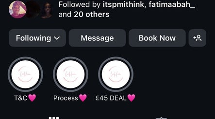 Instagram profile of leehairuk in London, England, GB with highlight icons for terms, process, and deals.