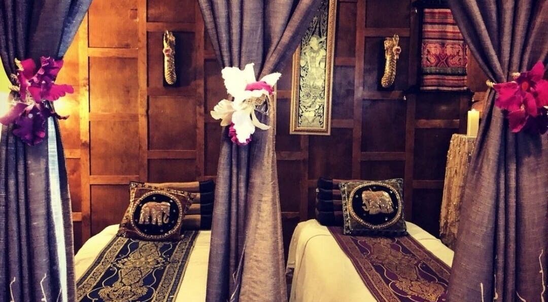 Relaxing spa beds with elegant decor at SAWADEE THAI SPA & SALON, Los Angeles, California, US.
