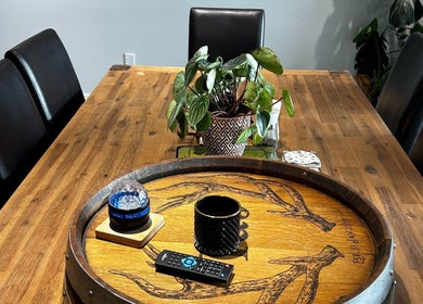 Elegant wooden table setting with plant at KJCleans, Manawatu, Manawatū-whanganui Region, NZ.