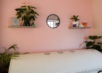Serene Solare Studio room in Gqeberha, Eastern Cape, ZA with plants and soft pink walls.