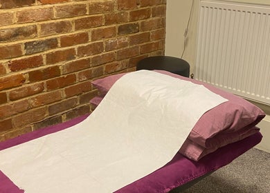 Relaxing treatment room at Matter of Clarity, Finchampstead, England, GB with a cozy setup.
