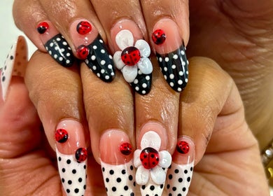 Intricate ladybug and polka dot nail art by NailsbyHashy in Malé City, Kaafu Atoll, MV.