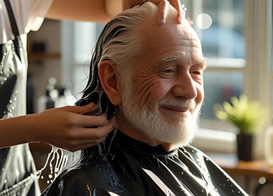 Un cliente sorride durante un lavaggio capelli da Baldin s.r.l., Roma, Lazio, IT.