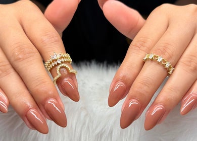 Elegant manicured nails with gold rings at Glam_Studio, Davao City, Davao Region, PH.