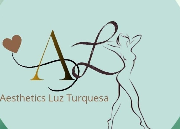 Logo de Luz Turquesa Aesthetics, Willemstad, Curaçao, CW. Diseño estilizado con letras y figura artística.
