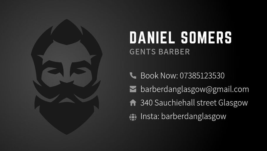 Contact details for Daniel Somers Gents Barber, Glasgow, Scotland, GB in sleek black and gray design.