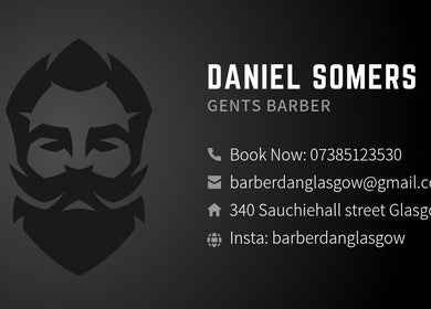 Contact details for Daniel Somers Gents Barber, Glasgow, Scotland, GB in sleek black and gray design.