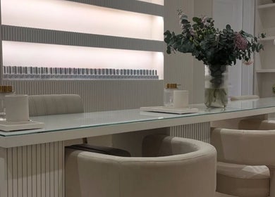 Chic manicure station at thebeautybar, Sutton Coldfield, England, GB with plush seating and modern decor.