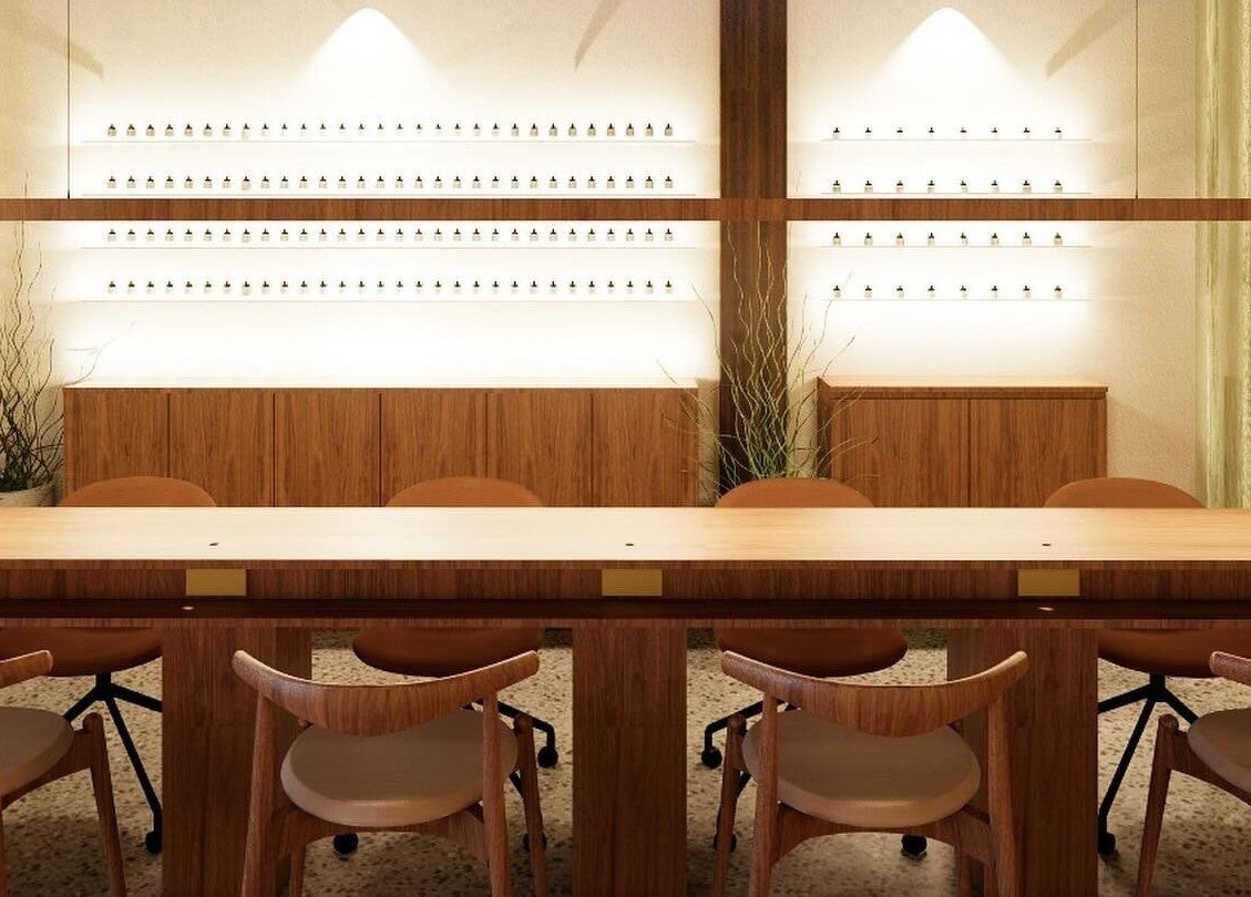 Spacious nail bar at SolBeauty Studio Newstead, Newstead, Queensland, AU with elegant wooden decor and soft lighting.