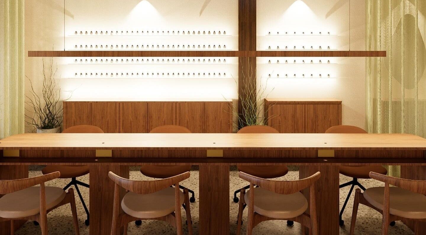 Spacious nail bar at SolBeauty Studio Newstead, Newstead, Queensland, AU with elegant wooden decor and soft lighting.