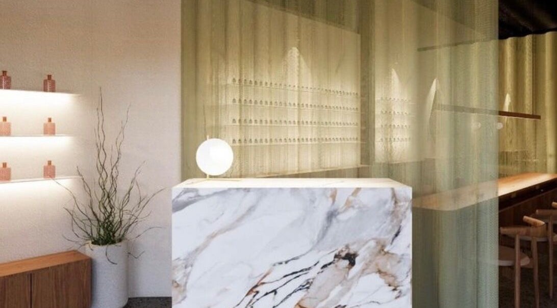 Modern interior of SolBeauty Studio Newstead, featuring a marble counter in Newstead, Queensland, AU.