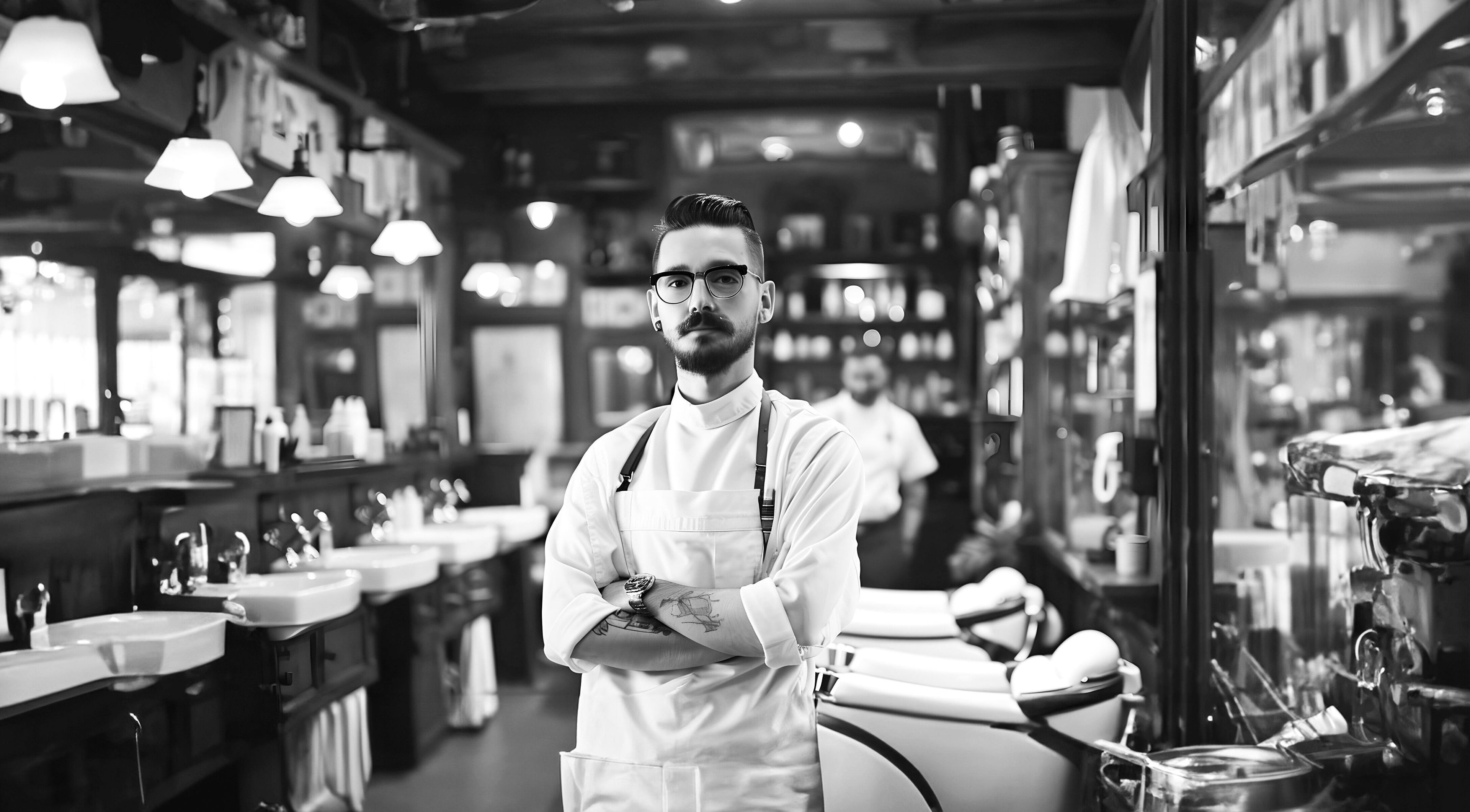 Expert barber at Clean Fade Barber, Glasgow, Scotland, GB in vintage-inspired interior.