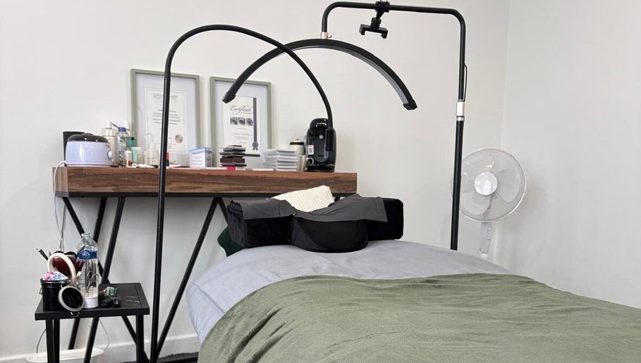 Comfortable lash treatment room at Lancashire Lash in Adlington, England, GB, featuring a modern setup.