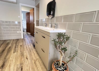 Elegant restroom at AURA MASSAGE AND CUPPING CLINIC, London, England, GB with modern finishes and plant decor.