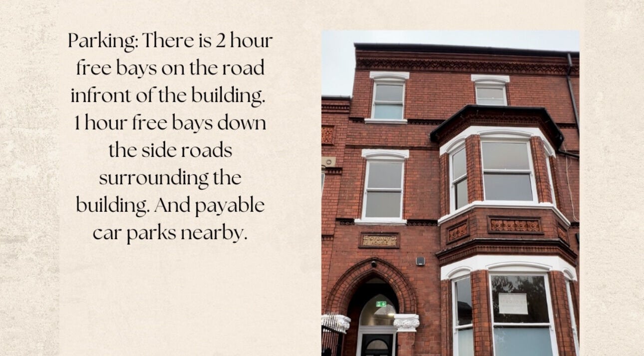 LEJBeautyRoom venue with vintage facade in Doncaster, England, GB, highlighting nearby parking options.