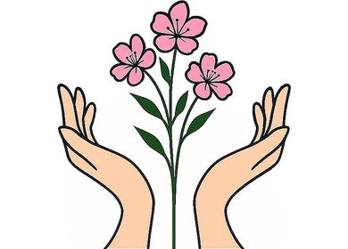 Illustration of hands holding flowers, representing relaxation at Madame Massage, Portsmouth, England, GB.