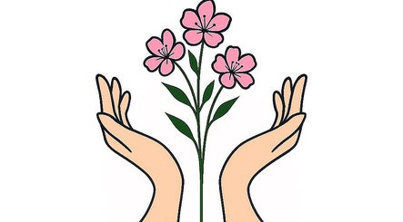 Illustration of hands holding flowers, representing relaxation at Madame Massage, Portsmouth, England, GB.