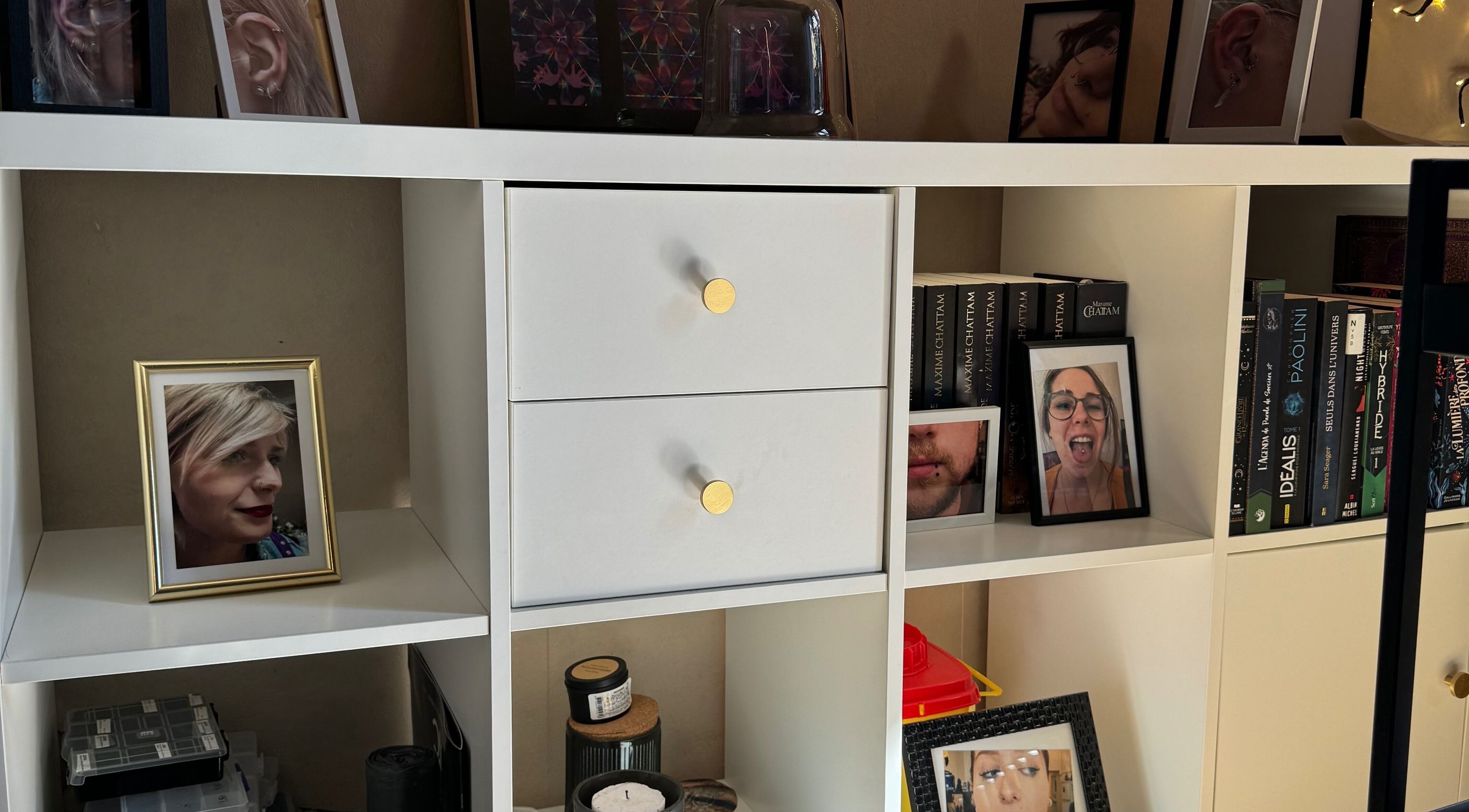 Bibliothèque moderne avec photos et livres chez Andromeda, Marcinelle, Région Wallonne, BE.