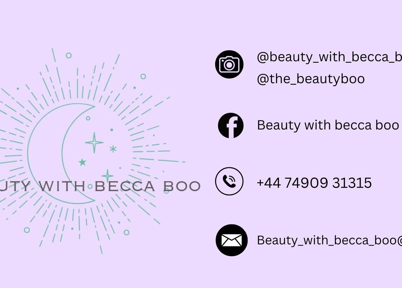 Beauty With Becca Boo contact details, Ayr, Scotland, GB, with celestial design featuring crescent moon and stars.