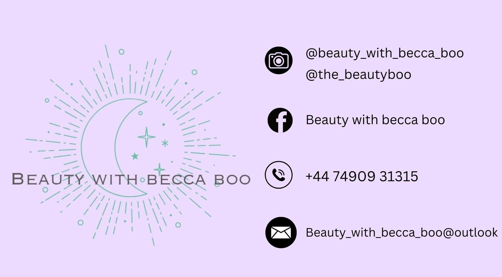 Beauty With Becca Boo contact details, Ayr, Scotland, GB, with celestial design featuring crescent moon and stars.