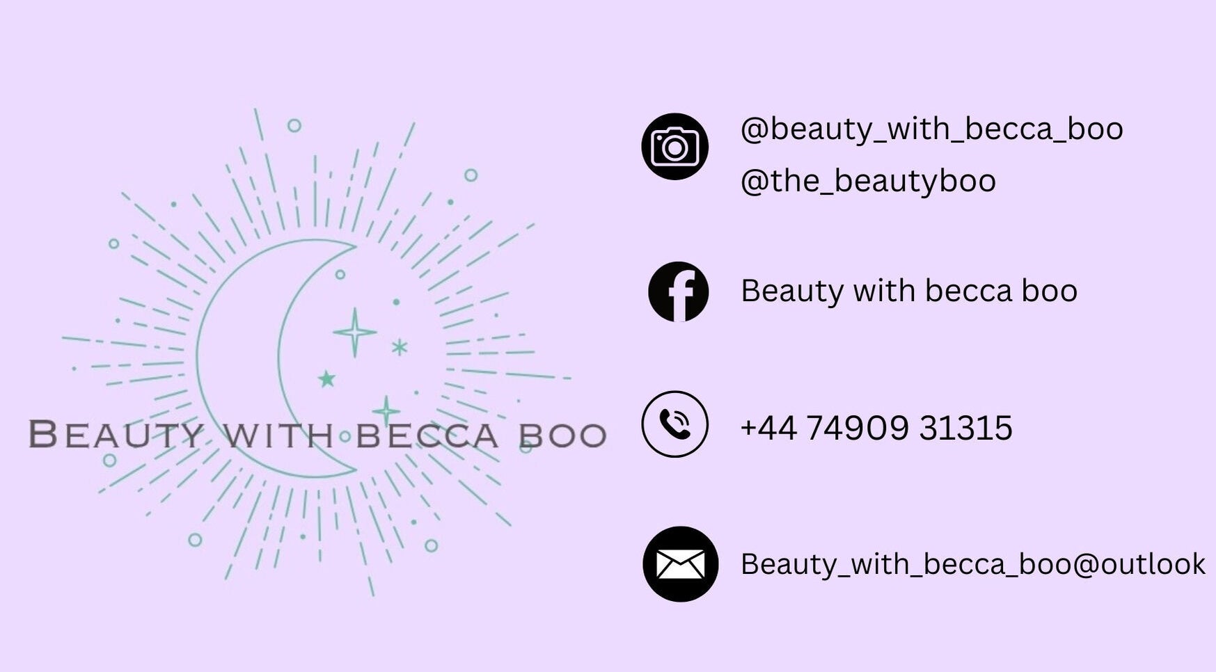 Beauty With Becca Boo contact details, Ayr, Scotland, GB, with celestial design featuring crescent moon and stars.