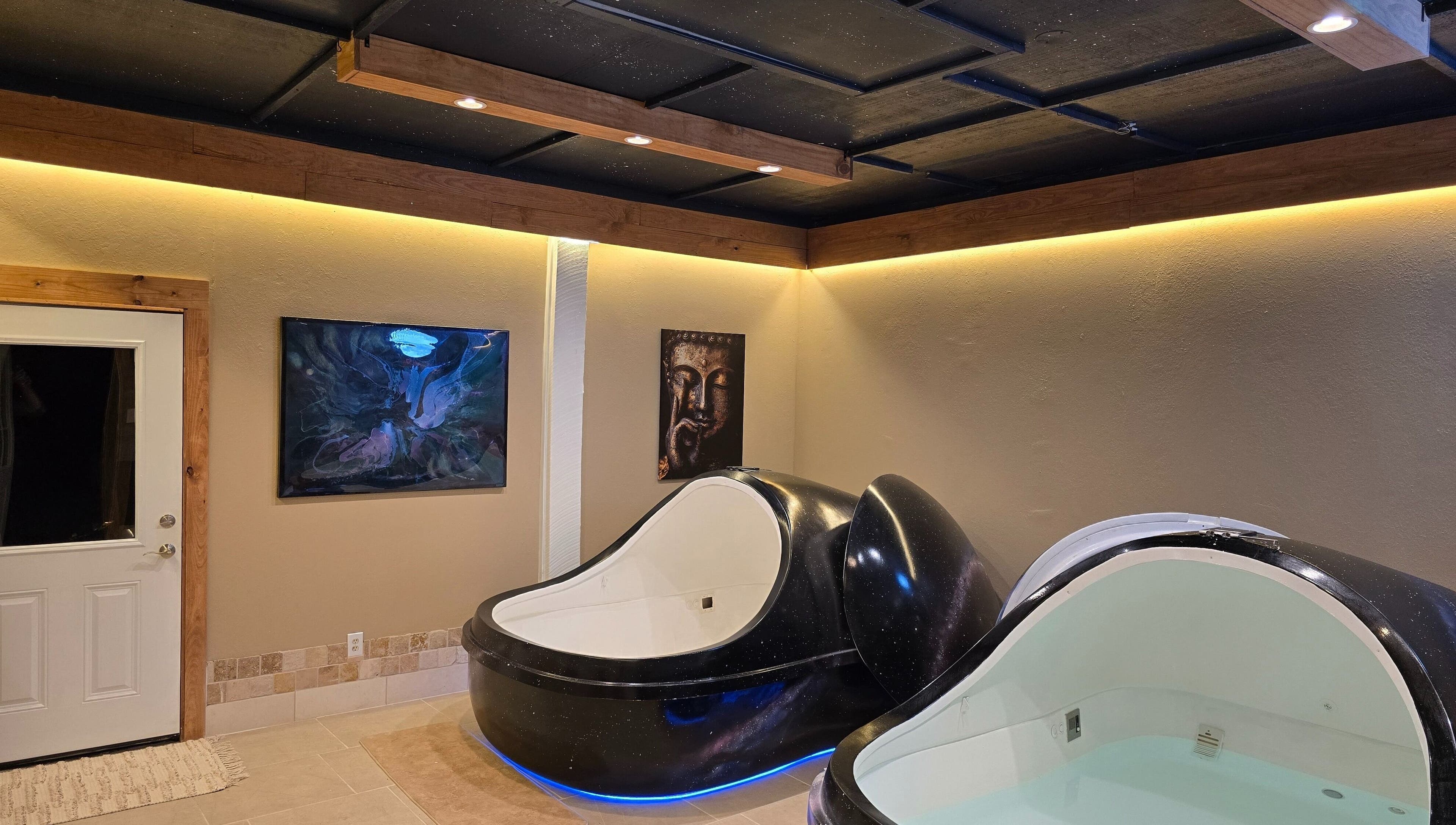 Float therapy pods at Dharma River ZenFloat Spa, Daphne, Alabama, US.
