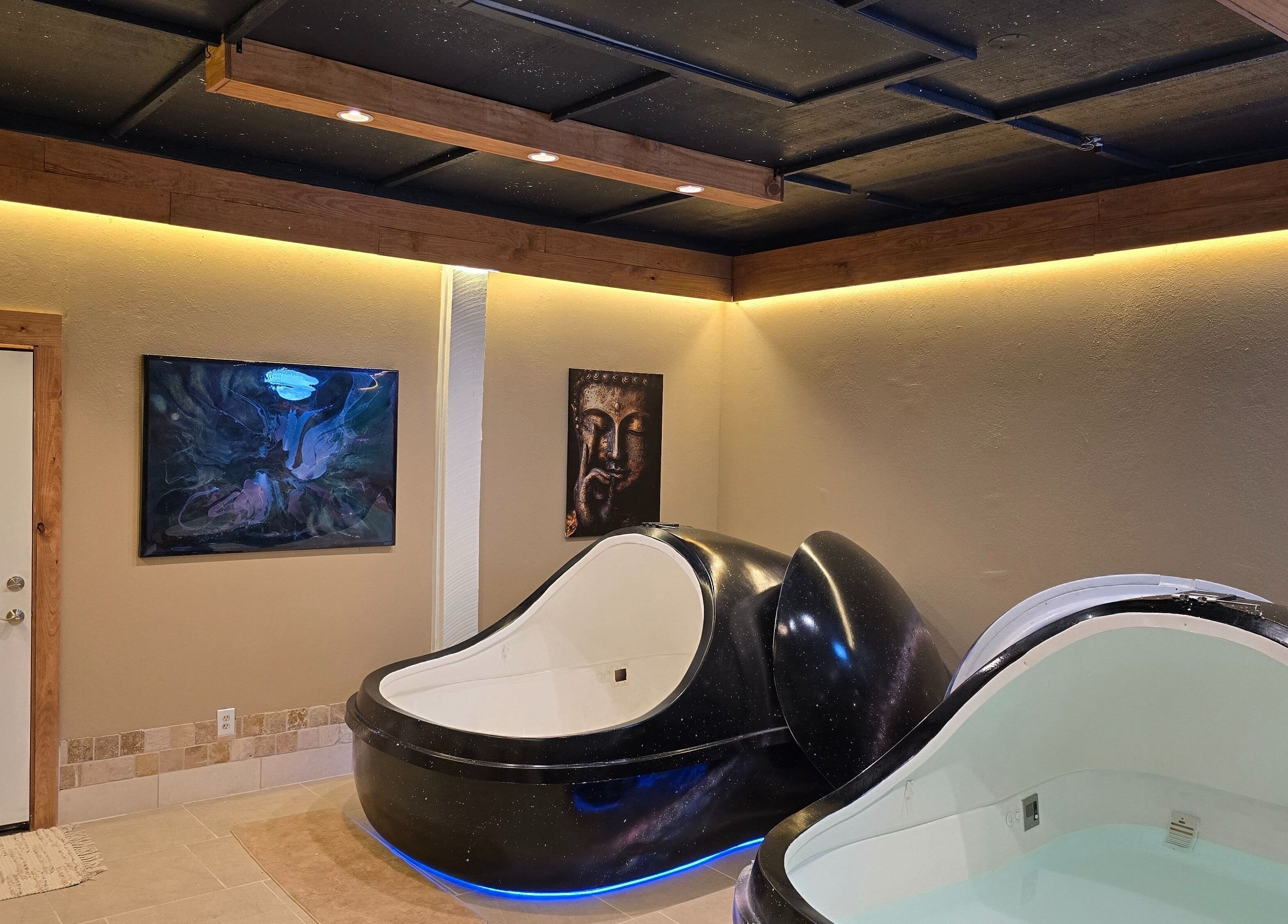 Float therapy pods at Dharma River ZenFloat Spa, Daphne, Alabama, US.